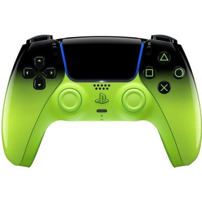 a close up of a green controller on a white background