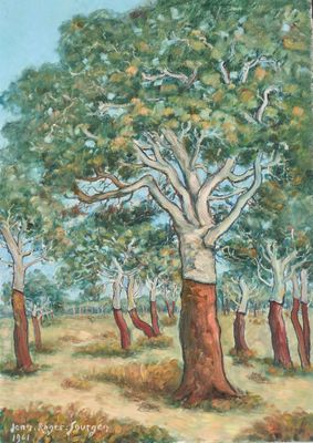 painting of a group of trees in a field with a blue sky in the background