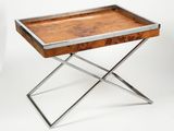 an image of a wooden tray with metal legs on a stand