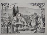 drawing of a group of people sitting on a bench in a park