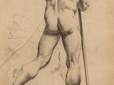 an old drawing of a man holding a stick and standing on a rock