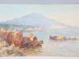 une image représentant une peinture d'une côte rocheuse avec une montagne en arrière-plan