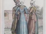 an old drawing of three women in dresses and hats