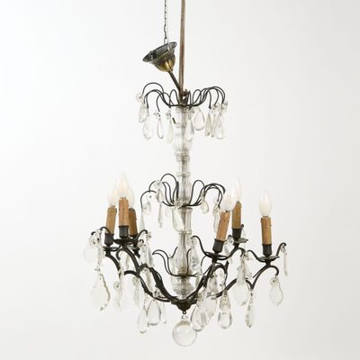 Lustre à 6 lumières en bronze et pendeloques Style Louis XVI