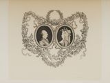 an old black and white drawing of two people in a frame