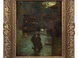 an image of a painting of a woman walking in the rain