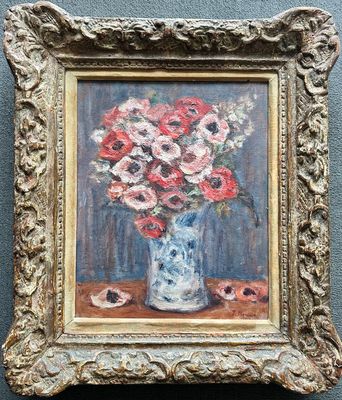 Pierre BRUNE (1887-1956) Anémones dans un vase fond bleu - H…
