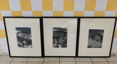 three black and white photos of people in a bathroom