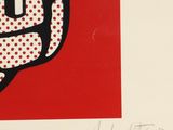 an image of a red and white poster with a black and white drawing of a person ' s hand