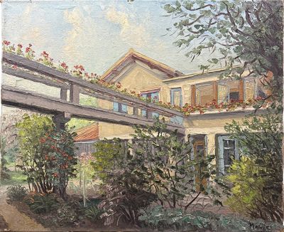 une peinture à l'huile représentant une maison avec un jardin et une allée
