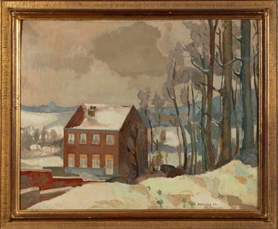 une image représentant un tableau d'une maison rouge dans la neige