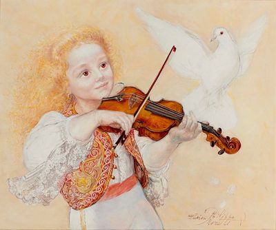 un tableau représentant une jeune fille jouant du violon, avec un oiseau posé sur son épaule