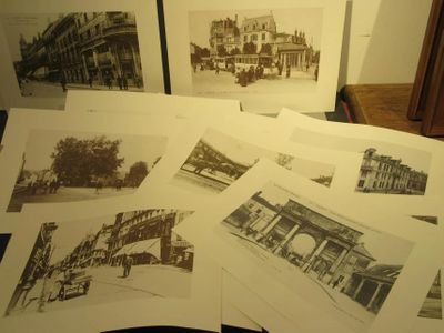 plusieurs vieilles photographies en noir et blanc d'un bâtiment et d'un pont