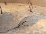 an image of a painting of a snowy landscape with trees in the distance