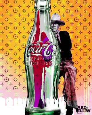 tableau représentant un homme debout à côté d'une bouteille de Coca-Cola sur laquelle figure un cow-boy