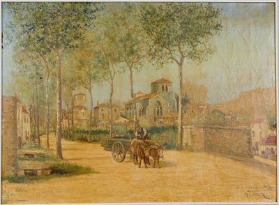 a painting of a man riding a horse drawn carriage down the street
