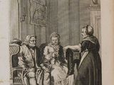 an old book with a picture of a man and a woman sitting in a room