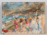 un tableau représentant un groupe de personnes marchant sur une jetée