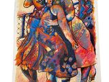 a painting of two women hugging each other on a white background