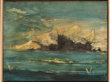 une peinture à l'huile représentant un bateau sur un plan d'eau
