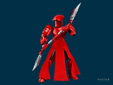 a red star wars action figure holding a sword