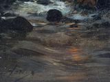 an oil painting of a river with rocks in the foreground