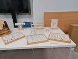a white table with a bunch of items on it