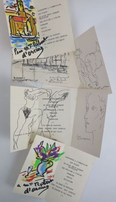several drawings of people and buildings are on a white surface