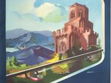 une photo d'une affiche représentant un château au bord d'une route