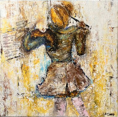 une peinture à l'huile représentant une femme en robe marron tenant un parapluie bleu