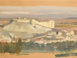 tableau représentant une vue d'une ville avec un château au loin
