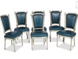 lot de six chaises de salle à manger de style Louis XVI avec assise recouverte de cuir bleu