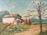 un tableau représentant une maison sur une colline, avec un arbre