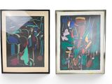 two framed paintings of a man and a woman on a horse