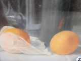 a painting of two oranges sitting on a table