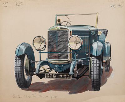 peinture représentant une voiture bleue dotée d'une grande calandre et d'une plaque d'immatriculation à l'avant du véhicule