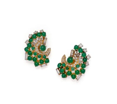 a pair of emerald and diamond ear clips
