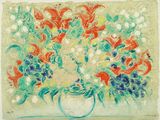 une image d'une peinture de fleurs dans un vase sur une table