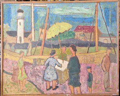 une peinture d'un homme et d'une femme sur la plage