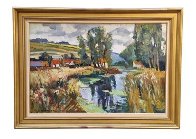 an oil painting of a landscape with a river in the foreground and houses in the distance