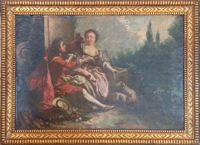 une image représentant un tableau où l'on voit une femme assise sur un banc avec un chien