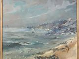 an oil painting of a sailboat in the ocean on a cloudy day