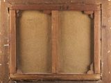 an old wooden window with a brown frame and a brown curtain