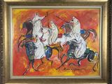 tableau représentant trois hommes à cheval, alignés, sur un fond orange