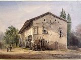 une image représentant un tableau d'un bâtiment devant lequel se trouve un cheval