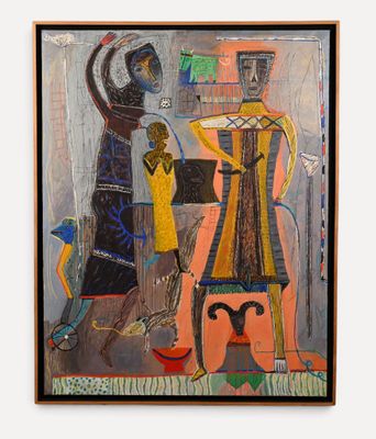 une image représentant un tableau où figurent un homme, une femme et un chien