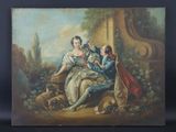 un vieux tableau représentant une femme et deux enfants assis sur un banc
