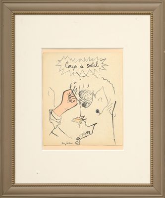dessin représentant un homme tenant une cigarette à la main et écrivant sur une feuille de papier