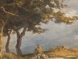 painting of a man walking down a dirt road next to trees