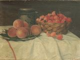 a painting of a basket of strawberries and a bowl of peaches on a table